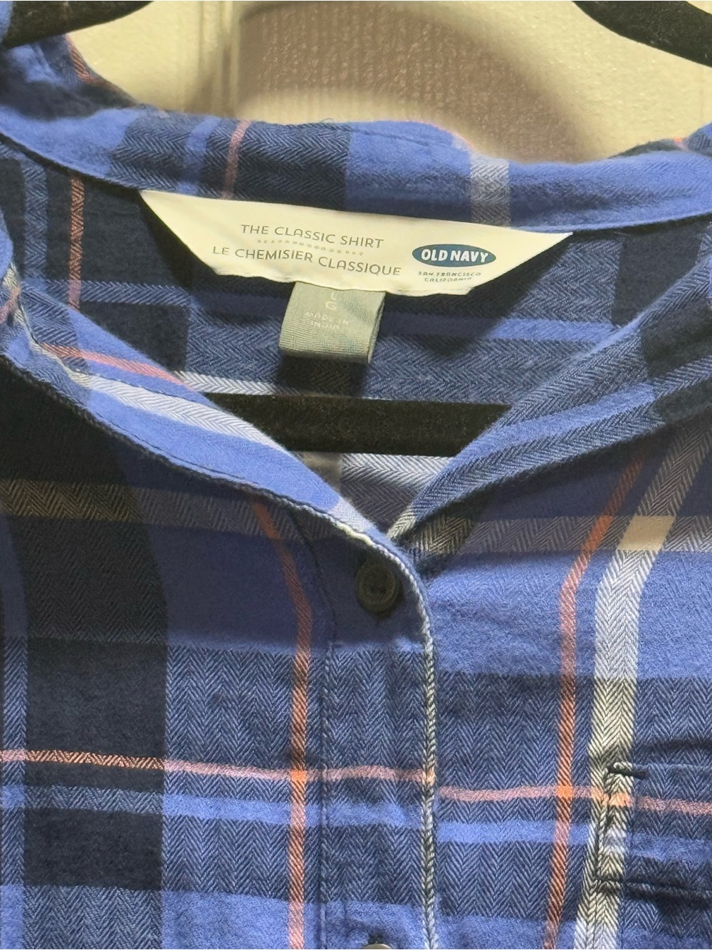Old Navy Blue and Navy peach Plaid Button-Front Shirt size L - Picture 2 of 5